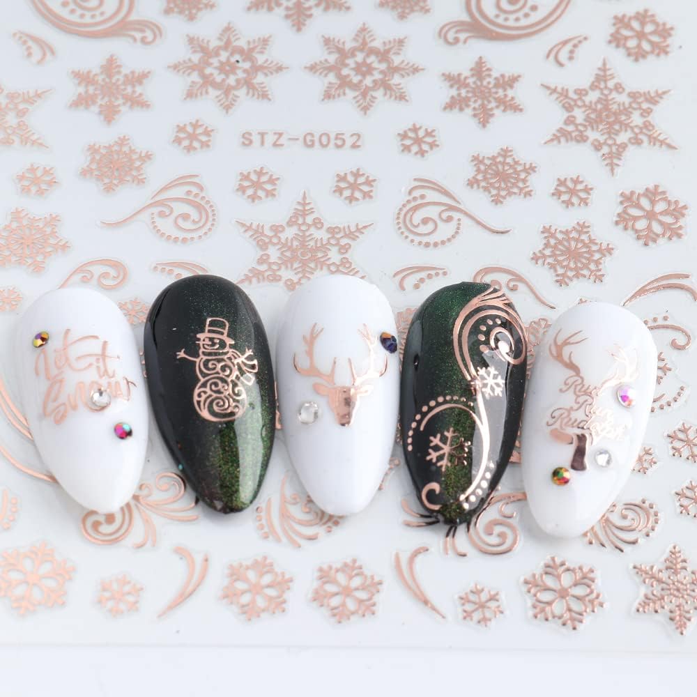 JMEOWIO 9 Sheets Christmas Nail Art Stickers Decals Self-Adhesive Pegatinas Uñas Navidad Rose Gold Winter Holiday Xmas Snowflake Nail Supplies Nail Art Design Decoration Accessories