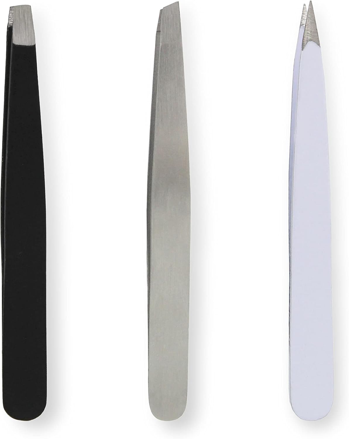 Amazon Basics Mini Eyebrow Tweezers 3-Pack, Black/White/Grey
