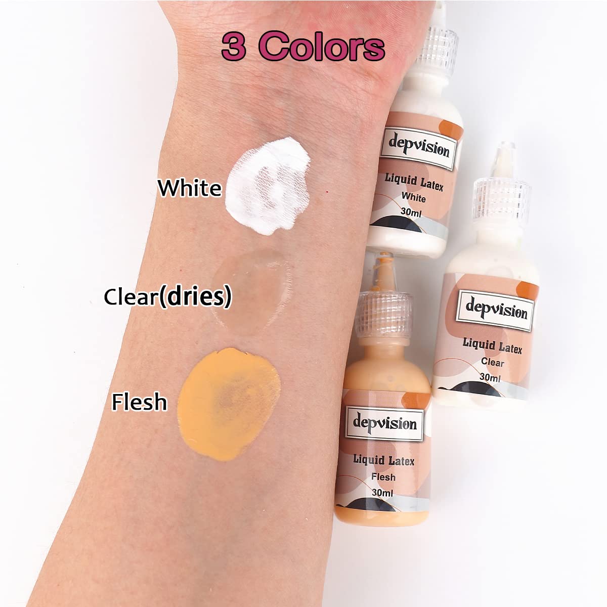 Depvision Liquid Latex 3 Colors Set White Fresh Clear Color For Special Effects Wound Waterproof Professional Makeup Artist Skin Illustrator SFX Monster Zombie (30ml * 3 color)