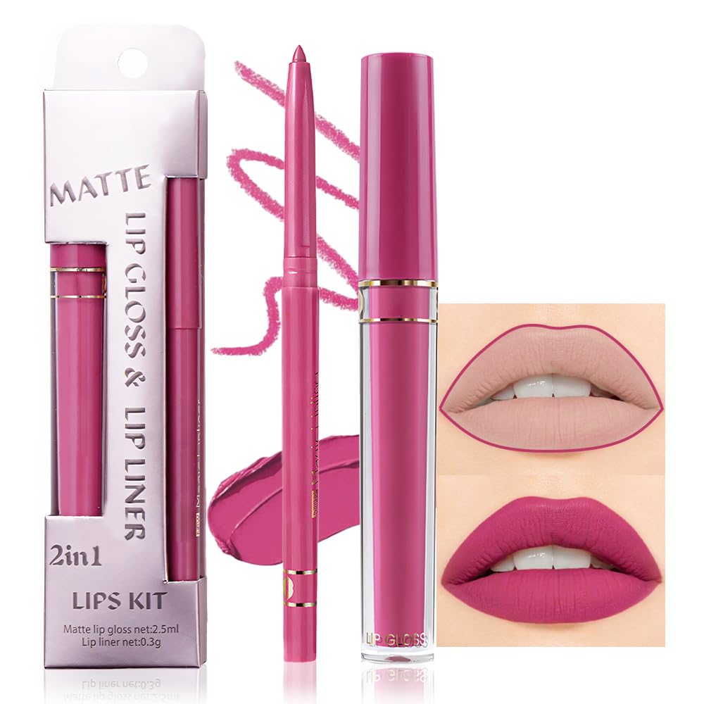 evpct 2Pcs Rose Matte Lip Liner and Lipstick Gloss Stains Makeup Set Kit for Women Long Lasting Waterproof 24, Rose Red Matte Lipstick Kit with Lip Liner, 24 Hour Lipsticks Pencils