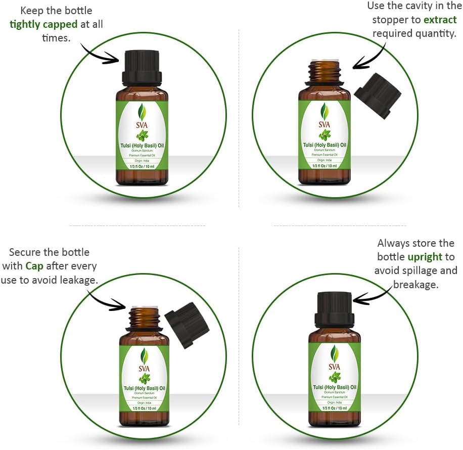 SVA Holy Tulsi Essential Oil – 1/3 Fl Oz – 100% Natural Tulsi Oil - for Diffuser, Hair Care, Face, Skin Care, Aromatherapy, Scalp and Body Massage, Soap and Candle Making