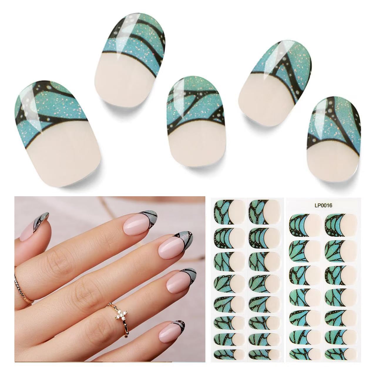 Semi Cured Gel Nail Strips, 30pcs Gel Nail Wraps, Easy to Apply, 2 Weeks Long Lasting (Cyan Butterfly Magic)