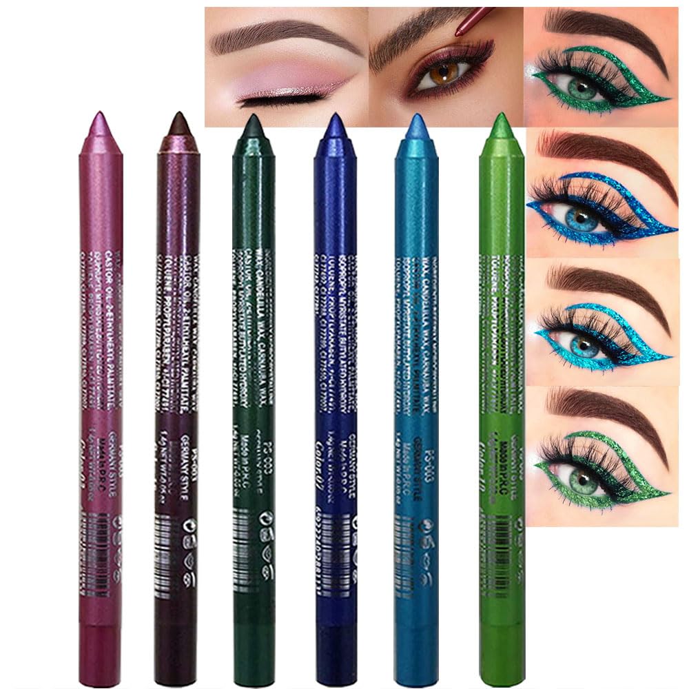 Kaely 6Pcs Glitter Gel Eyeliner Pencil Set for Women, Color Eye Liner Waterproof Smudge Proof with Sharpener, High Pigmented Eye Makeup Liners, lapiz de ojos delineador de ojos contra el agua, 02