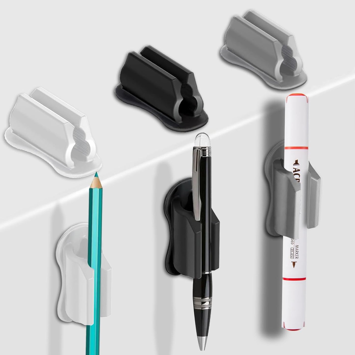 Adhesive Pen Holder for Wall Pencil Holder for Desk Organizer, 6Pack Silicone Pen Holders for Clipboard, Marker Holder Sticky Pen Holder for Desk Accessories, Office Supplies (2black+2white+2grey)