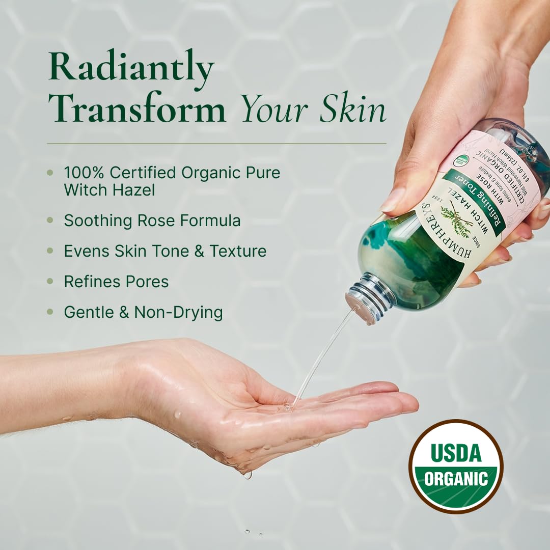 Humphreys Witch Hazel Refining Toner | Wild Harvested Witch Hazel & Rose | USDA Organic | Natural | Soothing & Clarifying | 8 Fl Oz