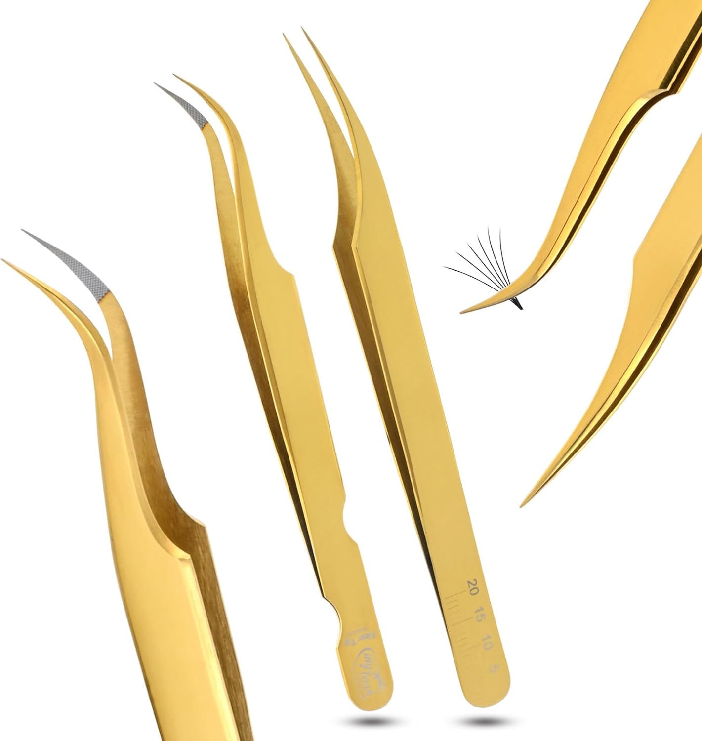 2Pcs Fiber Tip Grip Boot Volume Tweezers and Dolphin Isolation Eyelash Tweezers Set Professional Precision Mink Lashes Fan Making Mega Volume Boot Lashing Tweezers (Gold Set)