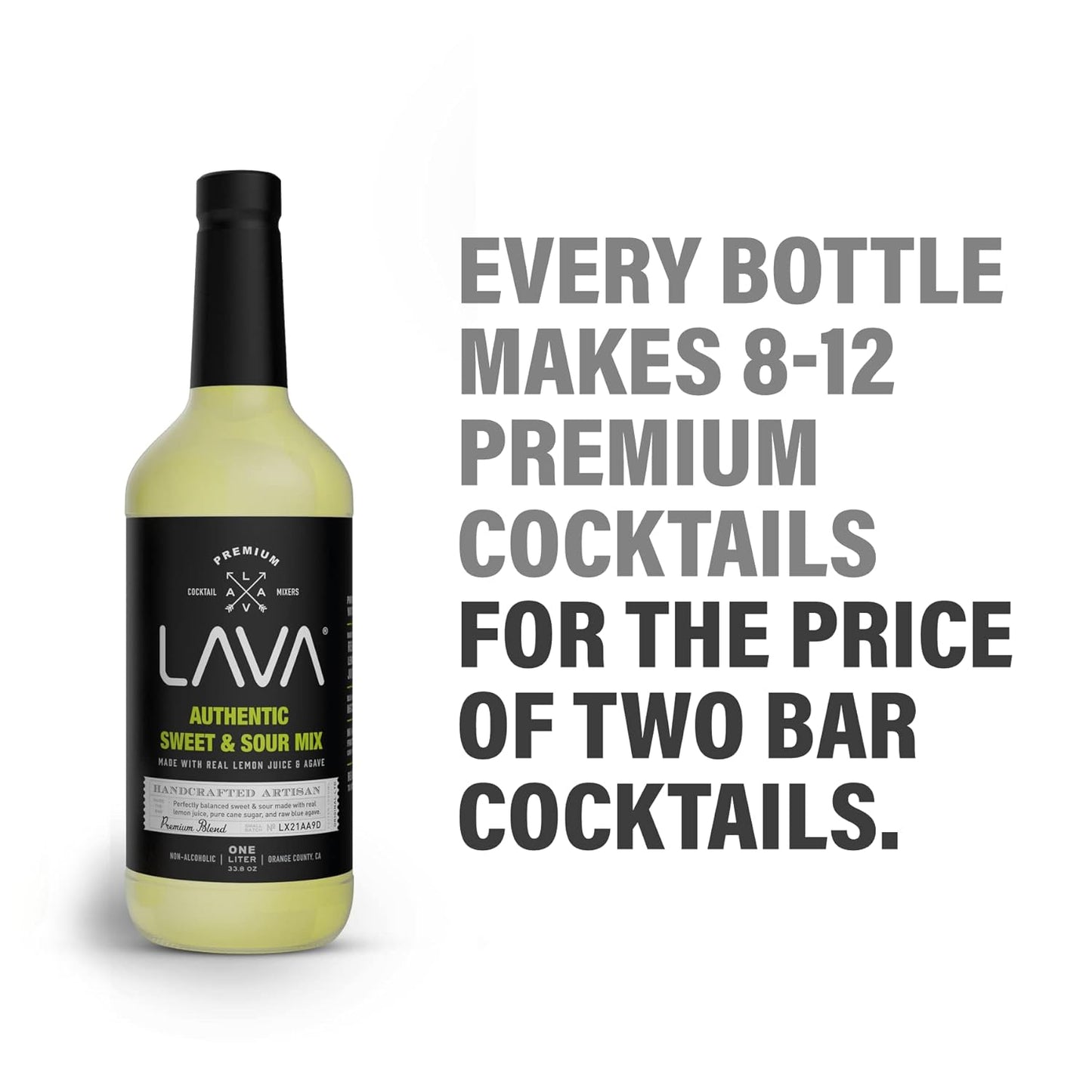LAVA Premium Authentic Sweet & Sour Mix, Made with Real Lemon Juice, Lime Juice, Raw Blue Agave, No Artificial Sweeteners. Whiskey Sour, Long Island Iced Tea, Lemon Drop. 33.8oz Glass Bottle