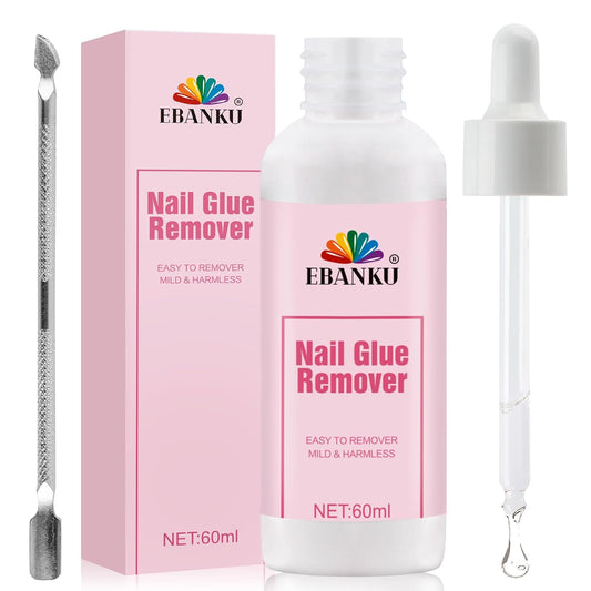 EBANKU 60ML Nail Glue Remover, Press On Nail Remover Quick Easy Removal, False Nails Adhesive Debonder with Cuticle Pusher, Non-Acetone Gentle Off for False Tips