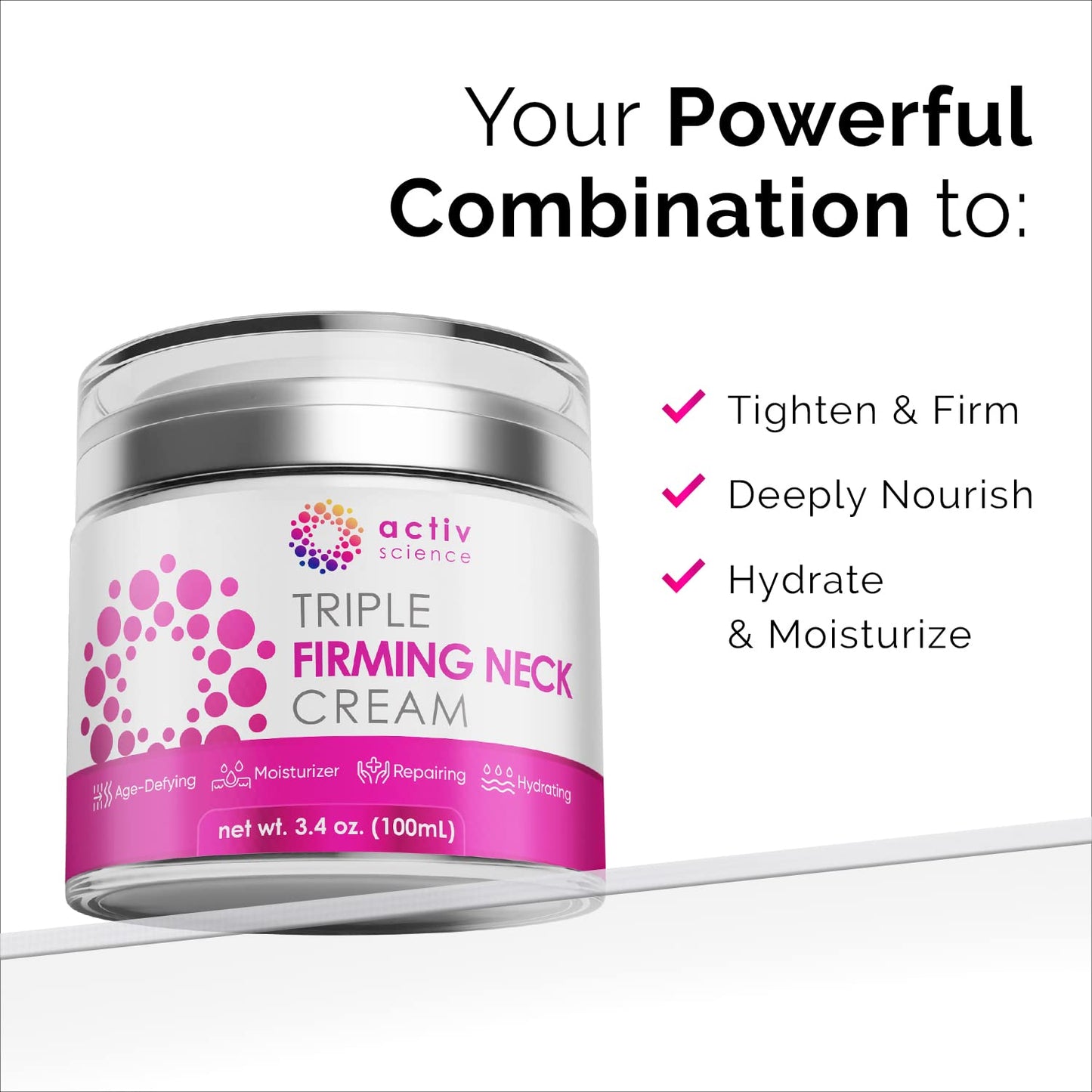 ACTIVSCIENCE Neck Firming Cream - Natural Anti-Aging Facial Moisturizer with Retinol Collagen & Hyaluronic Acid - Day & Night Anti-Wrinkle Cream - Firming, Hydrating Face Cream - 3.4Oz