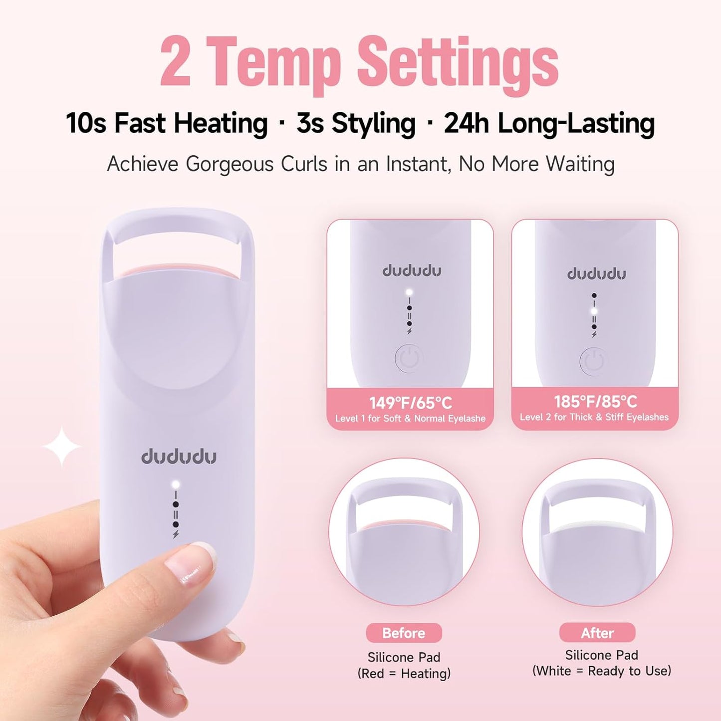 DUDUDU Heated Eyelash Curler, Portable Travel-Size Mini Electric Heated Lash Curler - 2-Level Adjustable Temp & Type-C Recharge, 10S Heat 3S Style 24H Lift for Long-Lasting Natural Effortless Curves