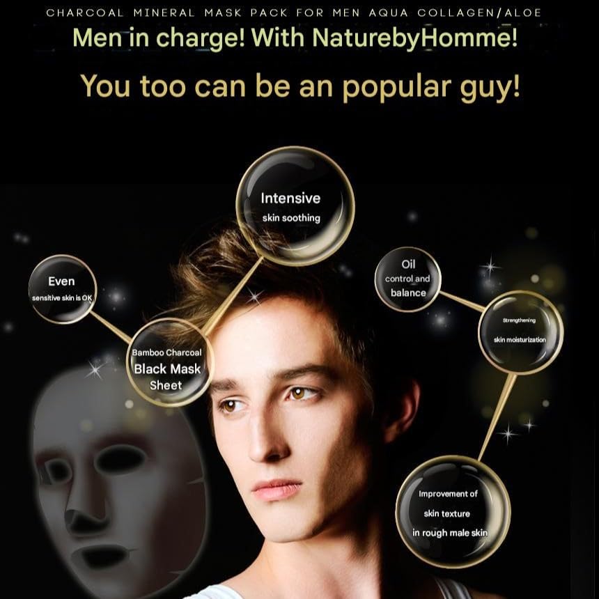 Charcoal Mineral Mask Pack for Men, Korean Skincare Face Wrinkle Treatmen Mask Sheets, Men's Skin Care Sets, Travel Essentials & Gift Sets for Men (Collagen & Aloe, Pack of 6pcs)