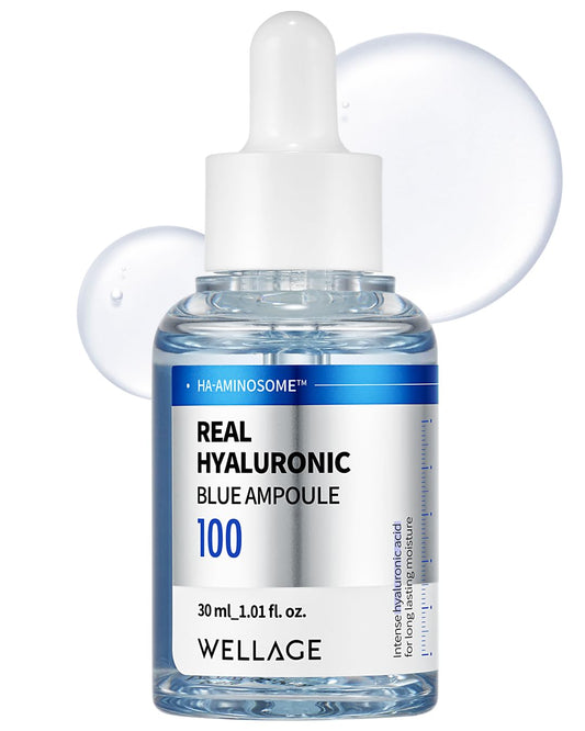 WELLAGE Real Hyaluronic Blue Ampoule 100, Korean Skincare, Fragrance Free Hyaluronic Acid Serum with Panthenol, Wild yam, Centella for Sensitive Dry Skin Moisturizer 1.01 fl.oz
