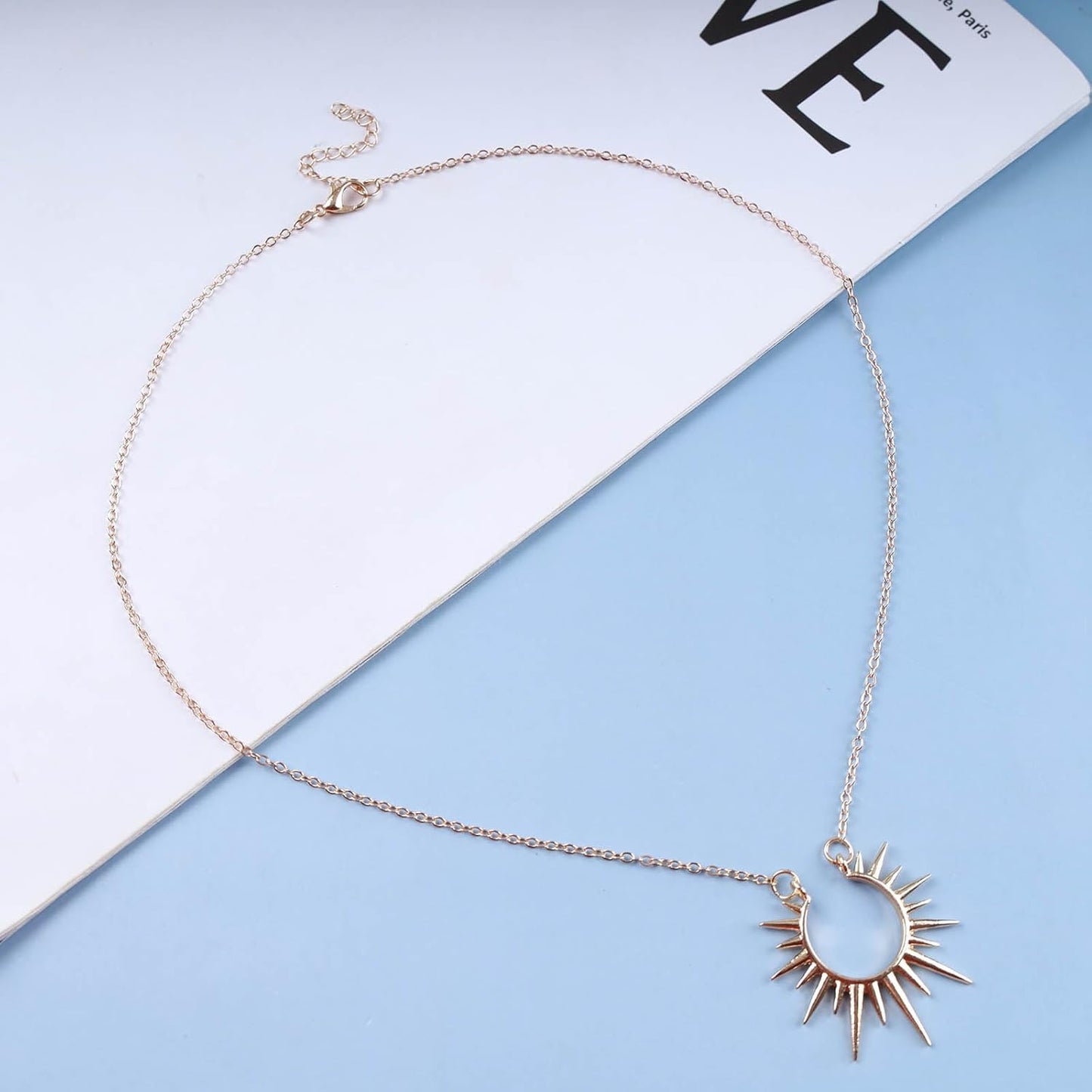 Vintage Sunburst Pendent Necklace Hollow Sunburst Necklace Moonstone Gold Sun Choker Necklace Open Sunburst Necklace Jewelry for Women (Gold)