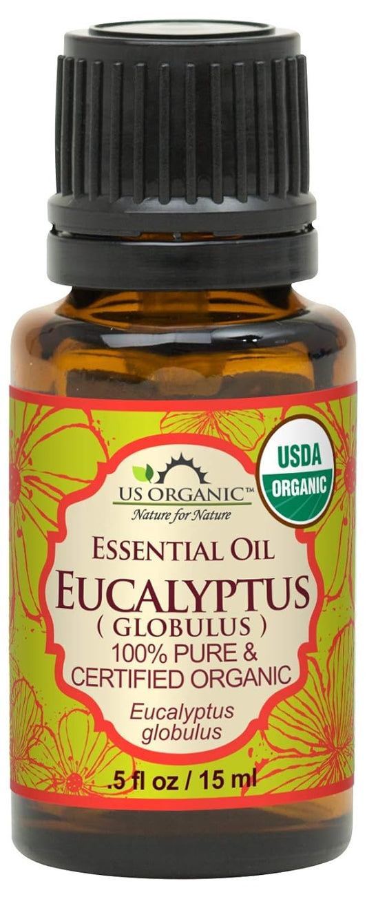 US Organic 100% Pure Eucalyptus Essential Oil (Globulus) - USDA Certified Organic, Steam Distilled - W/Euro droppers (More Size Variations Available) (15 ml / .5 fl oz)