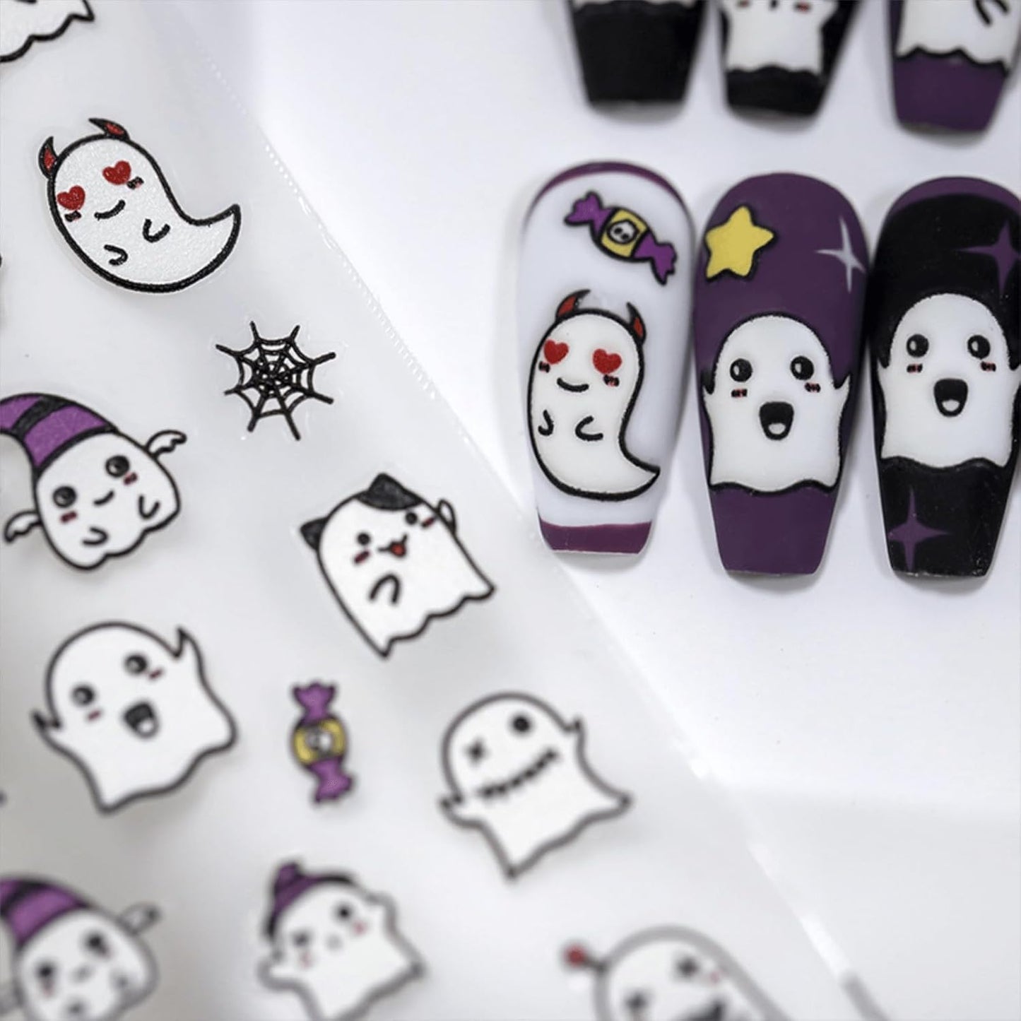 Halloween Nail Stickers for Nail Art 5D Embossed Self Adhesive Nail Decals Purple Cute Ghost Nail Art Stickers Halloween Nail Art Supplies Decoration for Women Girls
