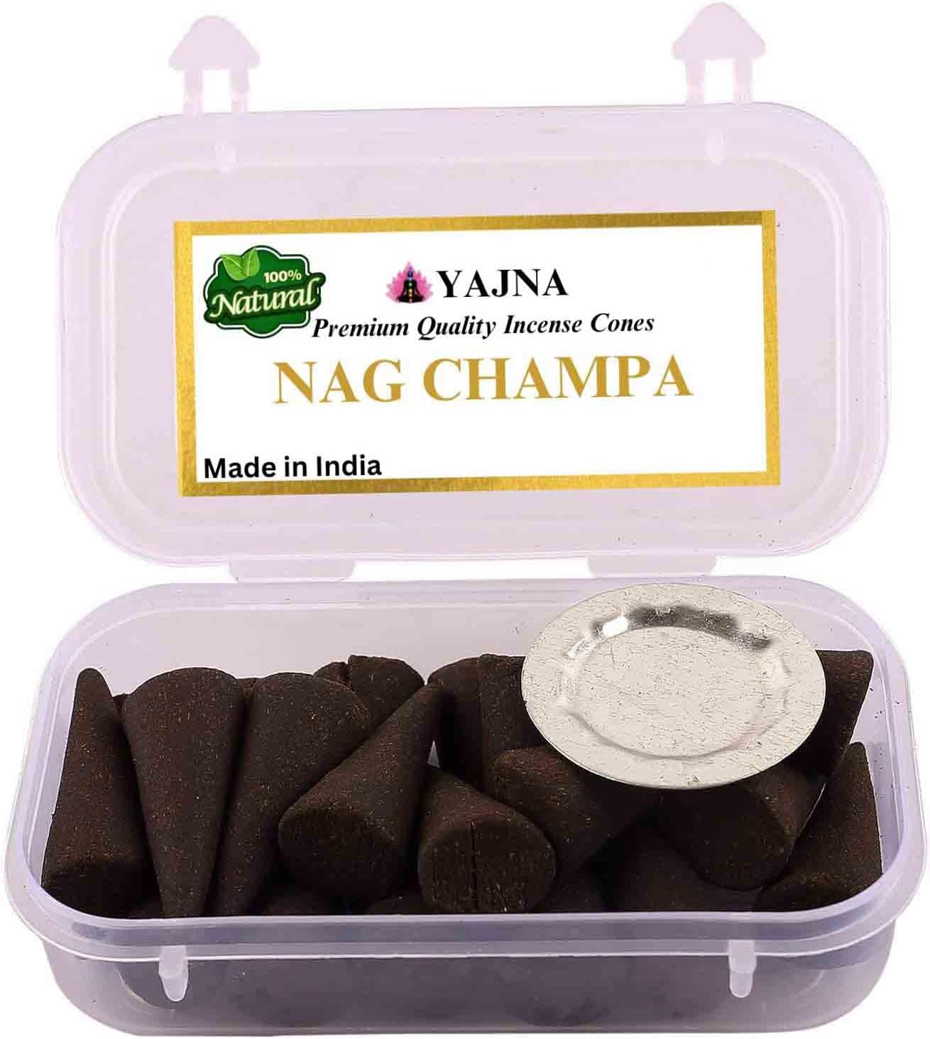 Yajna Nag Champa 100%-Natural-Incense-Cones Handmade-Hand-Dipped Organic-Chemicals-Free for-Purification-Relaxation-Positivity-Yoga-Meditation The-Best-scents (60 Count)
