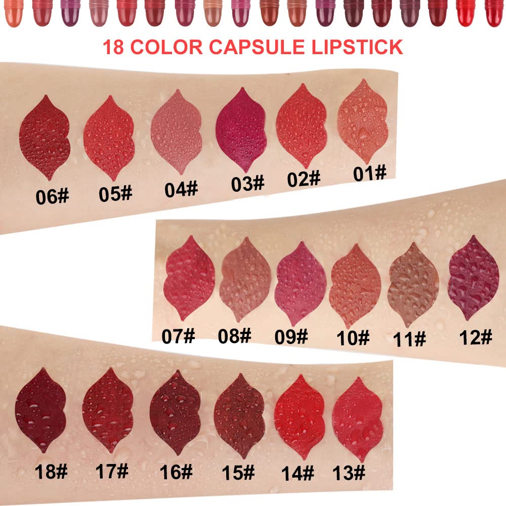 evpct 18 Pcs Capsule Pills Lipstick Mini Matte Lipstick Set for Women Long Lasting labiales mate 24 horas originales Deep Red 24 Hours Waterproof Stay on Lip liner Set Sampler