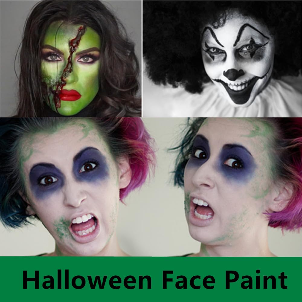 Go Ho 3 PCS Clown White Black Cream-Blendable Sticks,Waterproof Green Face Body Paint Professional SFX Makeup,Safe Facepaint Nose&Lip Smacking for Festival Halloween Makeup(White+Black+Green)