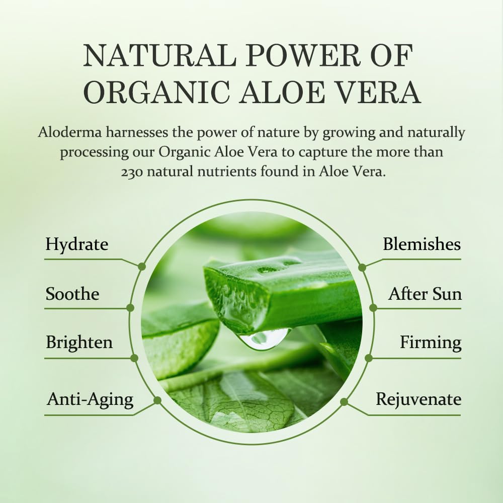 Aloderma 99% Organic Aloe Vera Gel Made within 12 Hours of Harvest - Pump Bottle - Lightweight Aloe Gel for Face and Body, Soothing and Hydrating Sunburn Relief, Great for Scalp & Hair, 3btls x 10.6oz