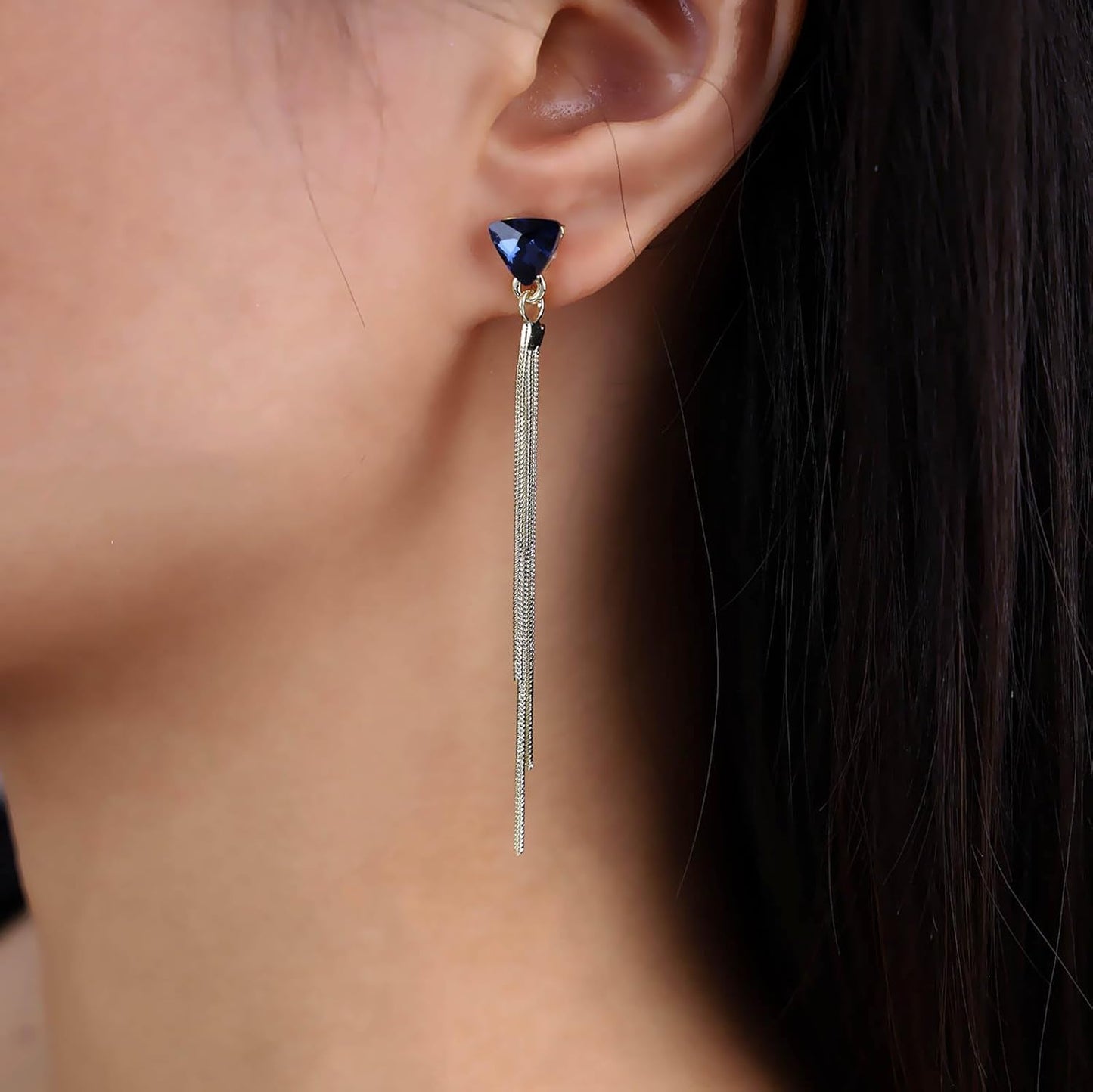 Vintage Sapphire Dangle Earrings Long Blue Crystal Chain Earrings Sapphire Tassel Drop Earrings Gold Sleek Metal Chain Earrings Jewelry for Women