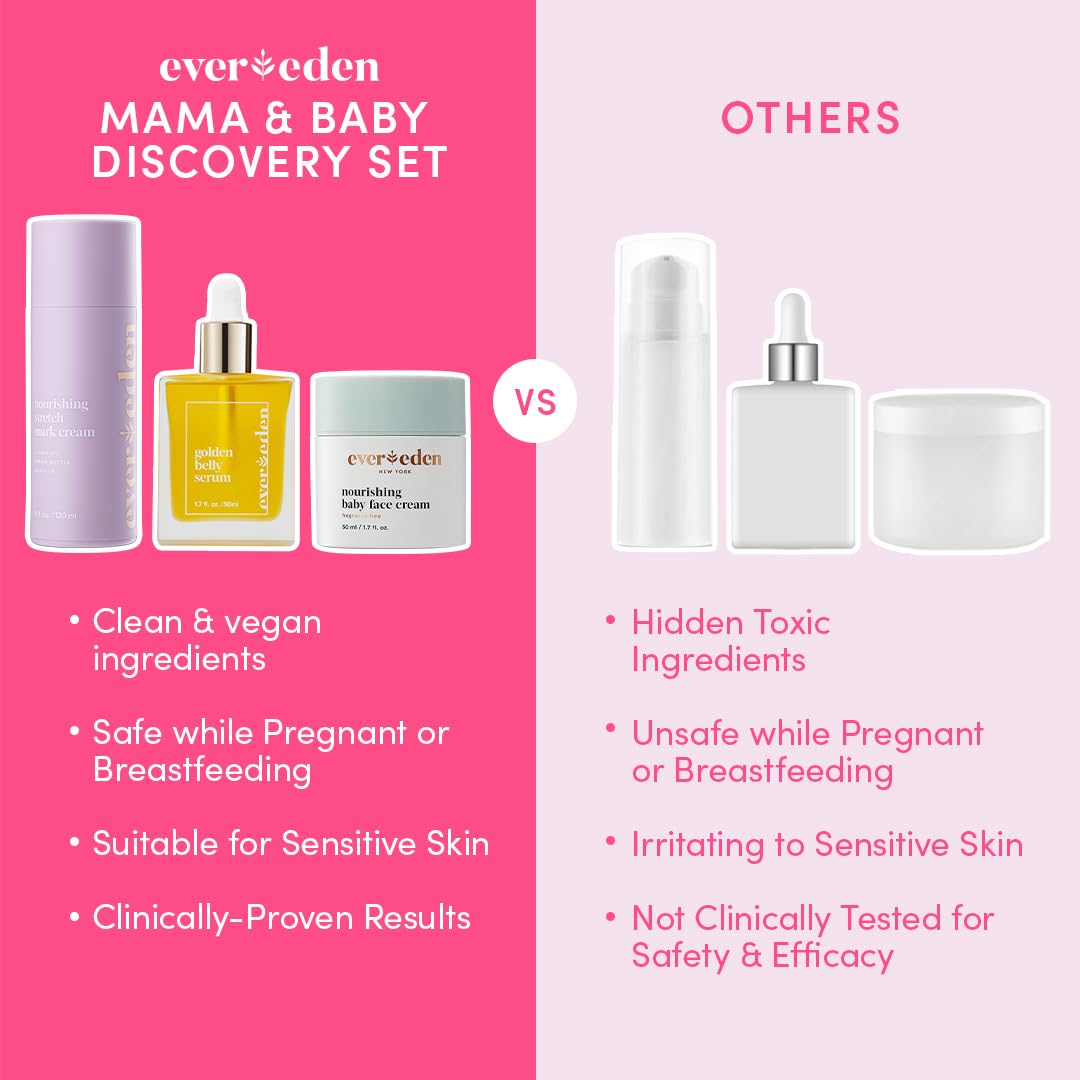Evereden Mama & Baby Discovery Set - Dermatologist-Developed Clean & Vegan Maternity Skin Care Bundle - Stretch Mark Cream, Belly Serum, & Nourishing Baby Face Cream - Postpartum Gifts for New Mom