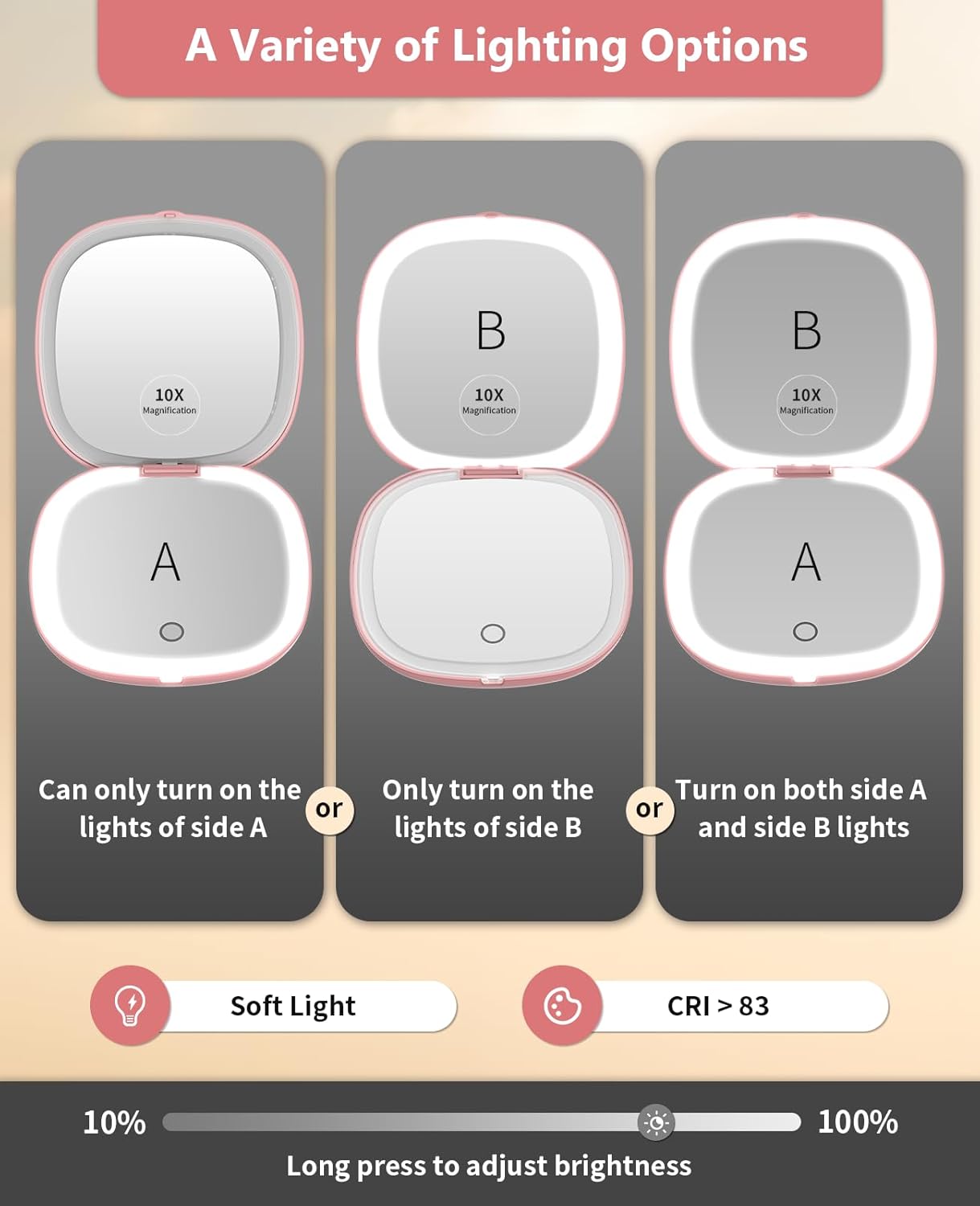 WOBSION Rechargeable Lighted Travel Makeup Mirror,1x/10x Compact Magnifying Mirror with Lights,Portable for Bag,4inch,Gift,Rose Gold