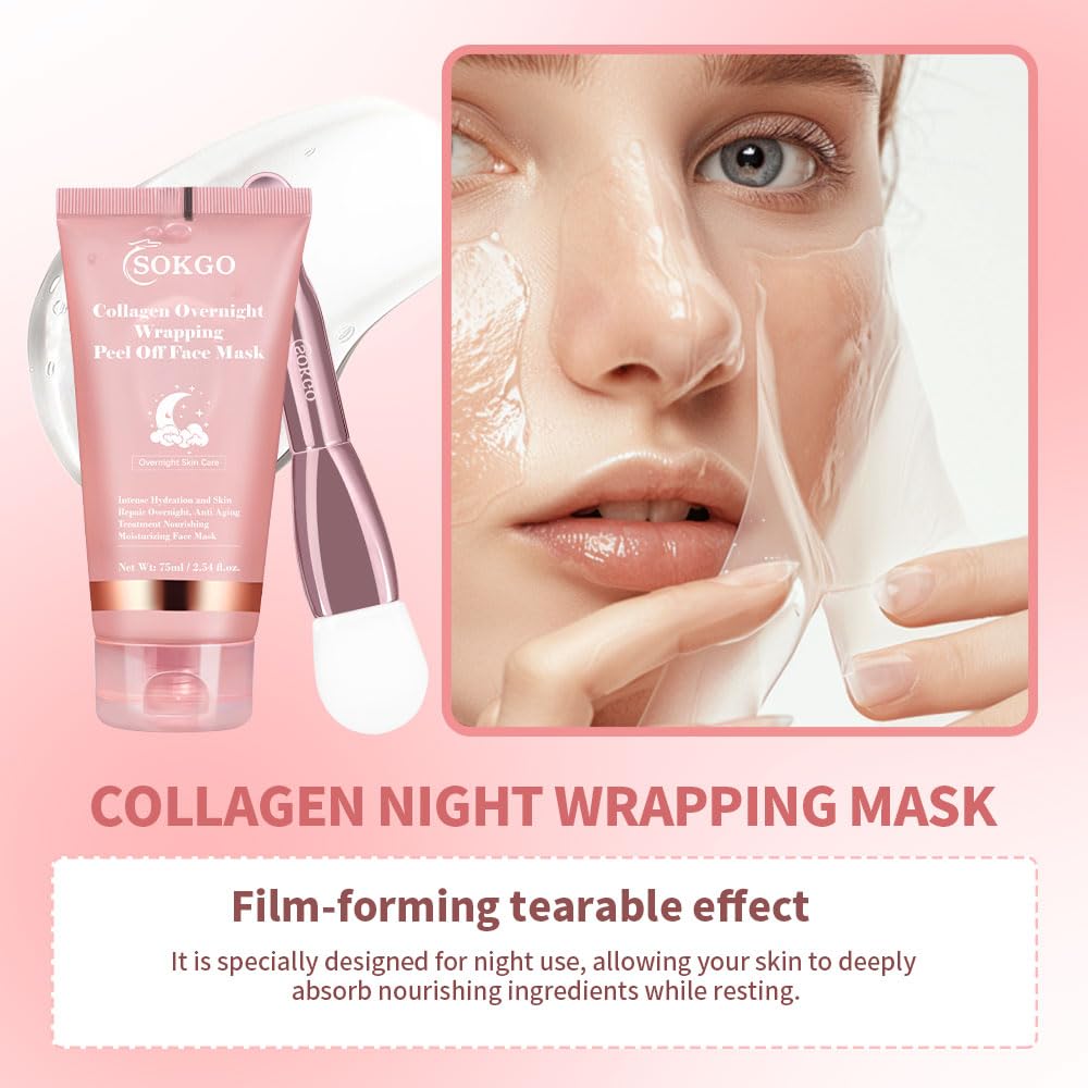 Collagen Overnight Wrapping Mask, Intensive Hydration Anti Aging Overnight Skin Treatment, Boosts Elasticity and Firmness, Revitalizes Dull Skin Reduces Fine Lines and Wrinkles (2PCS)