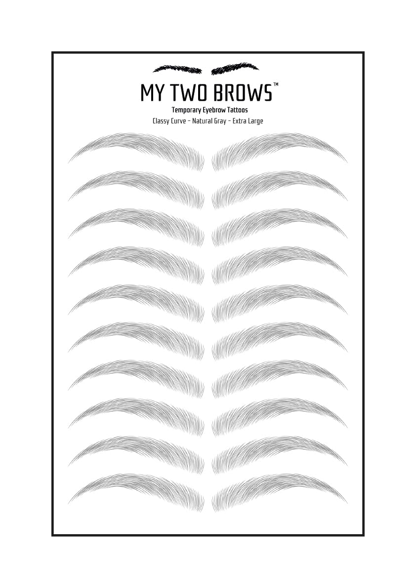 (10 pairs) Natural Grey Temporary Eyebrow Tattoo - Extra Large Size - Waterproof & Smudgeproof - Classy Curve Style Eyebrow Stickers - Sheet Lasts up to 30 Days - Won't Work on Existing Brows