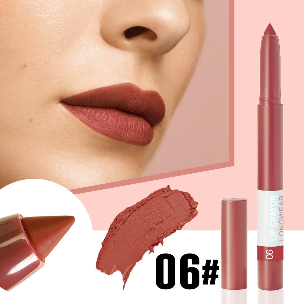BINGBRUSH Lip Crayons Matte Longwear Lipstick Pack Set,Moisture Smooth Lipliner With Built-in Sharpener Ultimate Super Stay Ink Lip Crayon for Makeup,Waterproof Velvet Lipgloss Lip Stain (6#Red Brown)