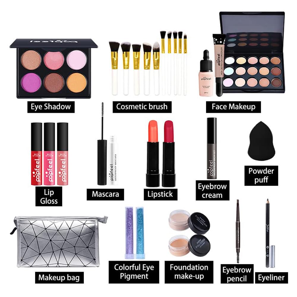 Multipurpose All in One Makeup Kit Full Kit with Eyeshadow Palette Lipstick Blush Powder Foundation Concealer Lip Gloss Mascara makeup kit for women