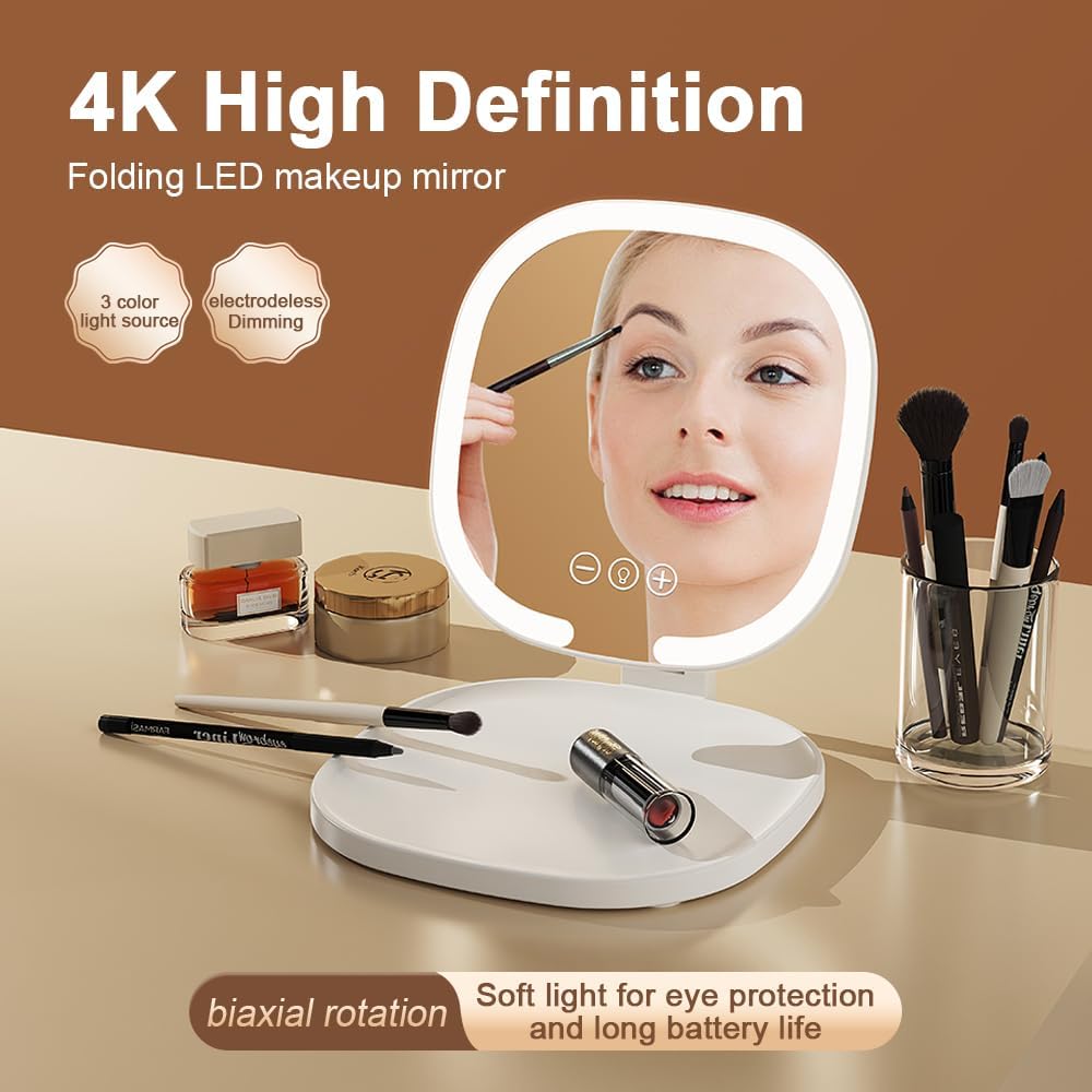 Rechargeable LED Travel Makeup Mirror, 3-Color Lighting, Dimmable Touch Screen, Multi Angle Adjustable, Foldable and Portable Desktop Vanity Mirror with Storage Tray(White)
