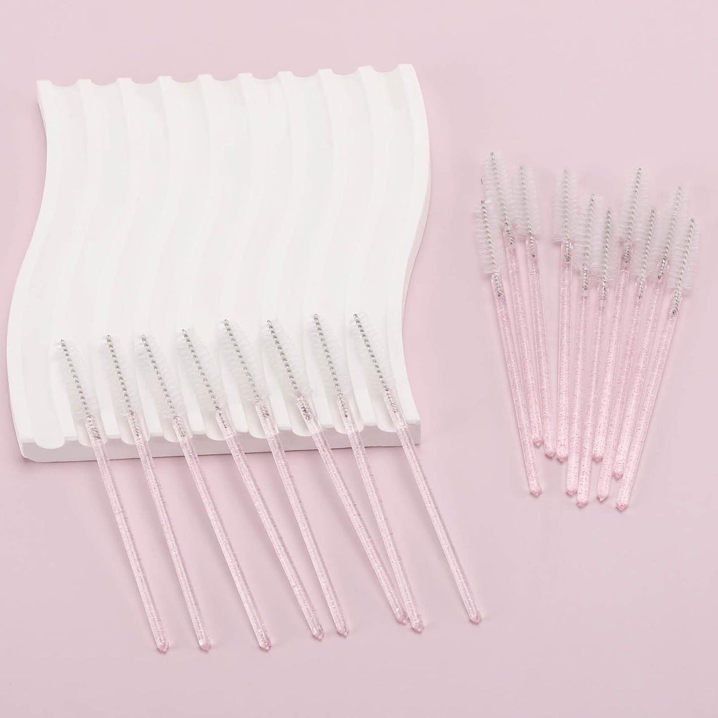 Tbestmax 300 Pcs Disposable Spoolies, Mascara Wand Eyelashes Brushes Applicator for Eyebrow Eye Lash Extension Pink Stick White Head