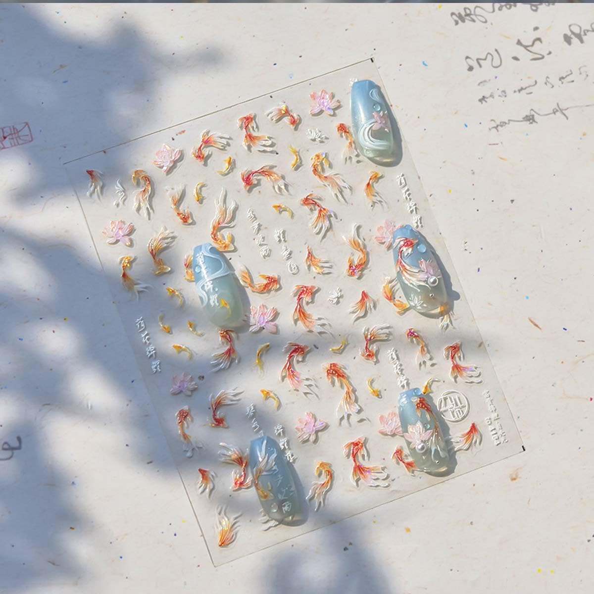 Koi Fish Nail Stickers for Nail Art Goldfish Lotus Nail Decals with Shell Light Effect 5D Embossed Stickers for Nails Designs Self Adhesive Nail Art Supplies & Decorations for Women Girls 1 Sheet