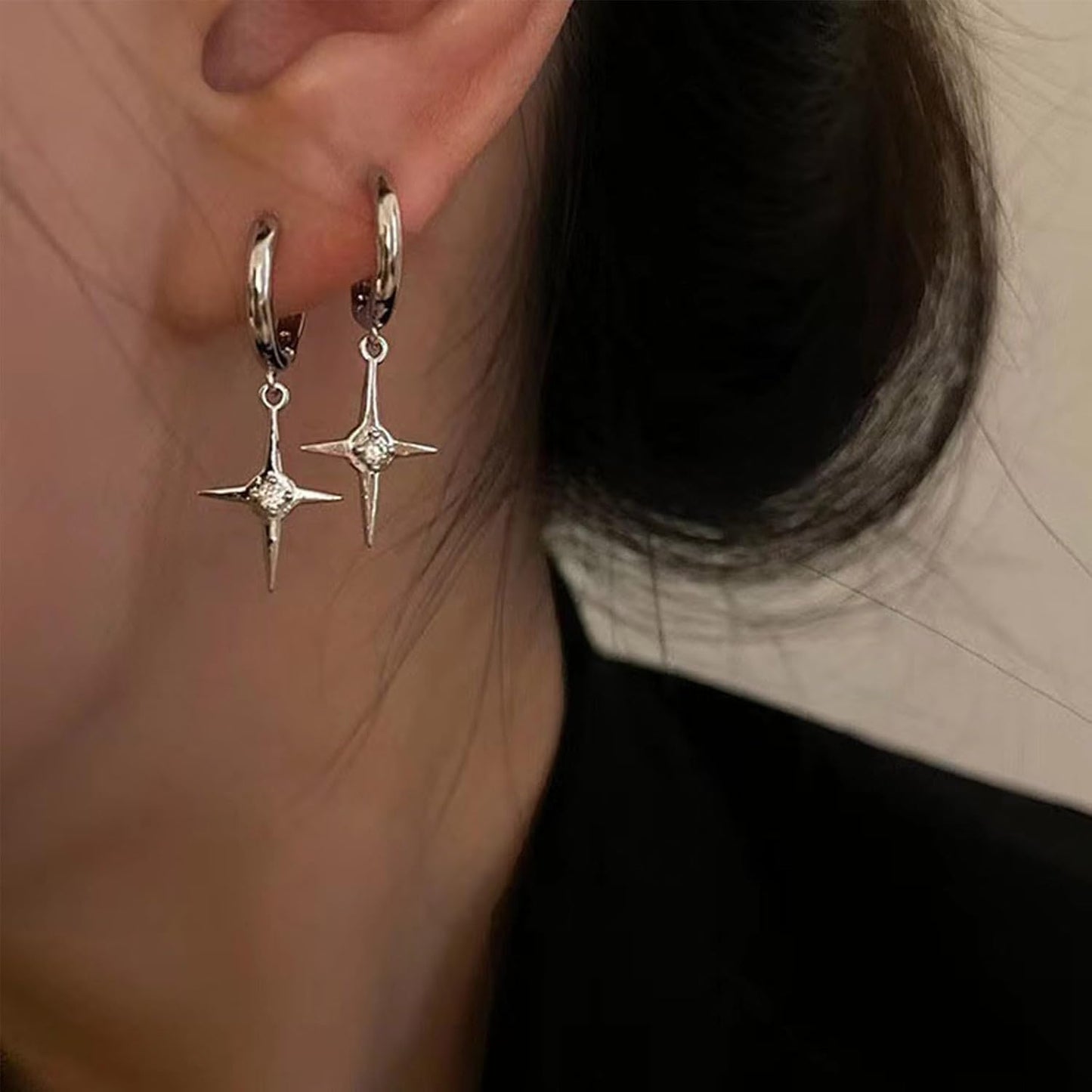Punk Cross Star Dangle Drop Earrings Vintage Silver Hanging Rhinestone North Star Drop Earrings Minimalist Cross Star Dangle Huggie Small Hoop Earrings Jewelry for Women
