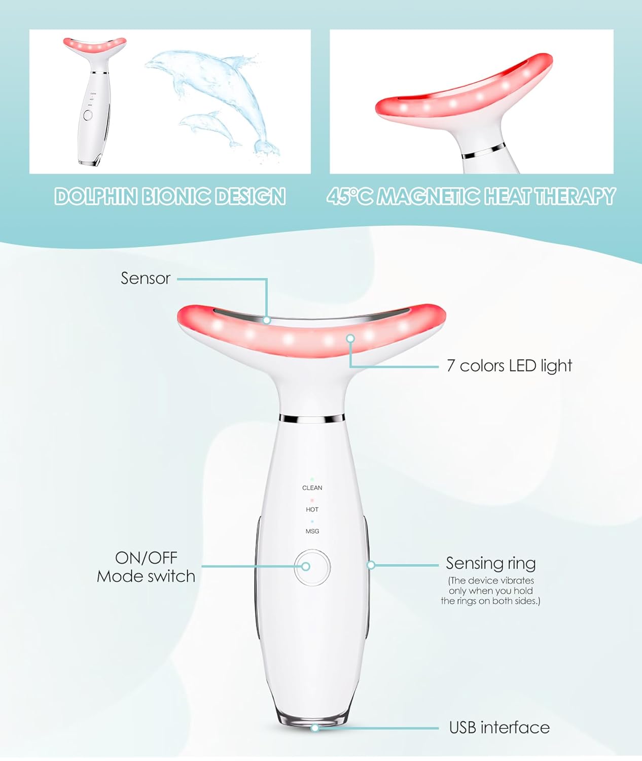 7 Color Neck Face Massager - Facial Massager Tool for Skin Care at Home, Vibrating Face Massager with Thermals, Galvanic Machines White