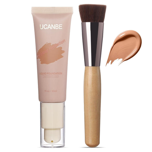 UCANBE Matte Liquid Foundation with Brush, Skincare Serum Foundation Face Makeup with Hyaluronic Acid, Medium to Full Coverage Waterproof Oil Control Longwear, for Mature Skin, Classic Tan, 1 fl. oz.
