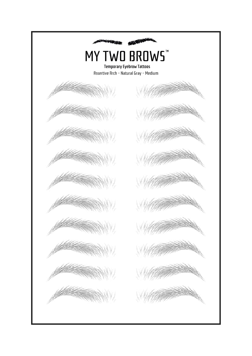 (10 pairs) Natural Gray Temporary Eyebrow Tattoo - Medium Size - Waterproof & Smudgeproof - Assertive Arch Style Eyebrow Stickers - Sheet Lasts up to 30 Days - Won't Work on Existing Brows