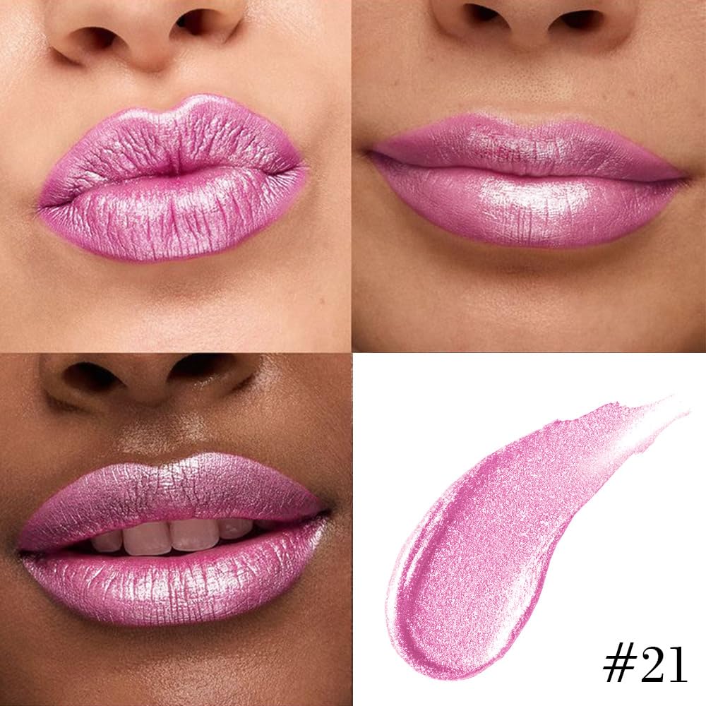 Kaely 2-in-1 Pink Metallic Lipstick and Lip Liner, Shimmer Liquid Metallic Lipsticks for Women, Glitter Lip Gloss Stain Long Lasting Waterproof Smudge Proof 24 Hour, Vegan Makeup, 21