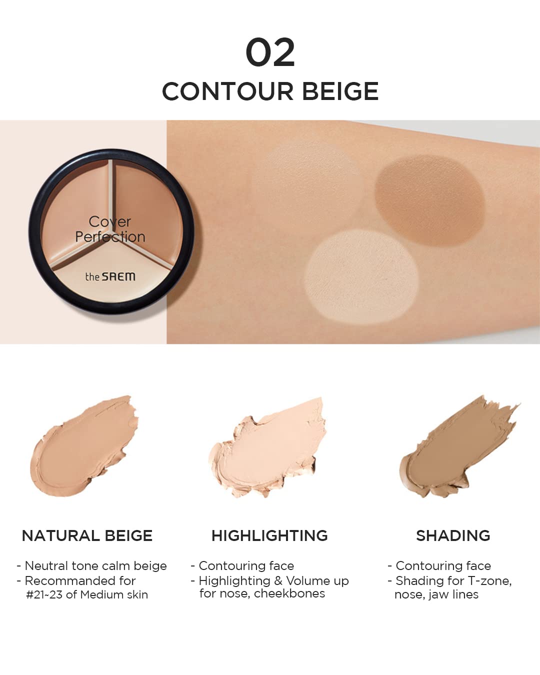 THESAEM Cover Perfection Triple Pot Concealer – 3 Color Concealer with Full Coverage Natural Beige Shade Covers Blemishes Spots, Highlighter & Contouring, 02 Contour Beige