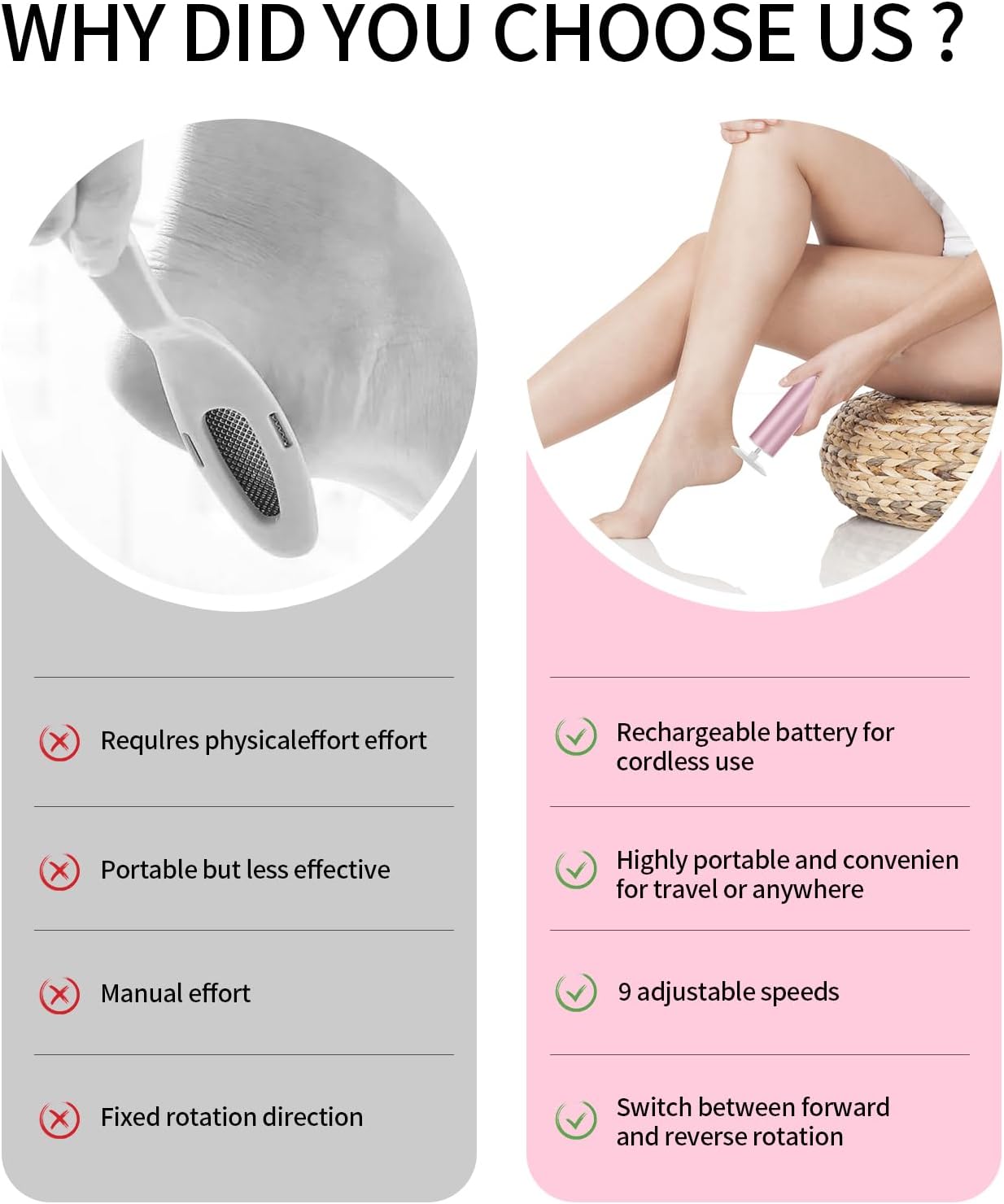 Powerful Electric Foot File & Callus Remover - Over 1-Hour Continuous Use, 360° Rotating Grinder, Foot Drill & Sander, 1200mAh Rechargeable Cordless Pedicure Tool,Foot Grinder(Pink+White)