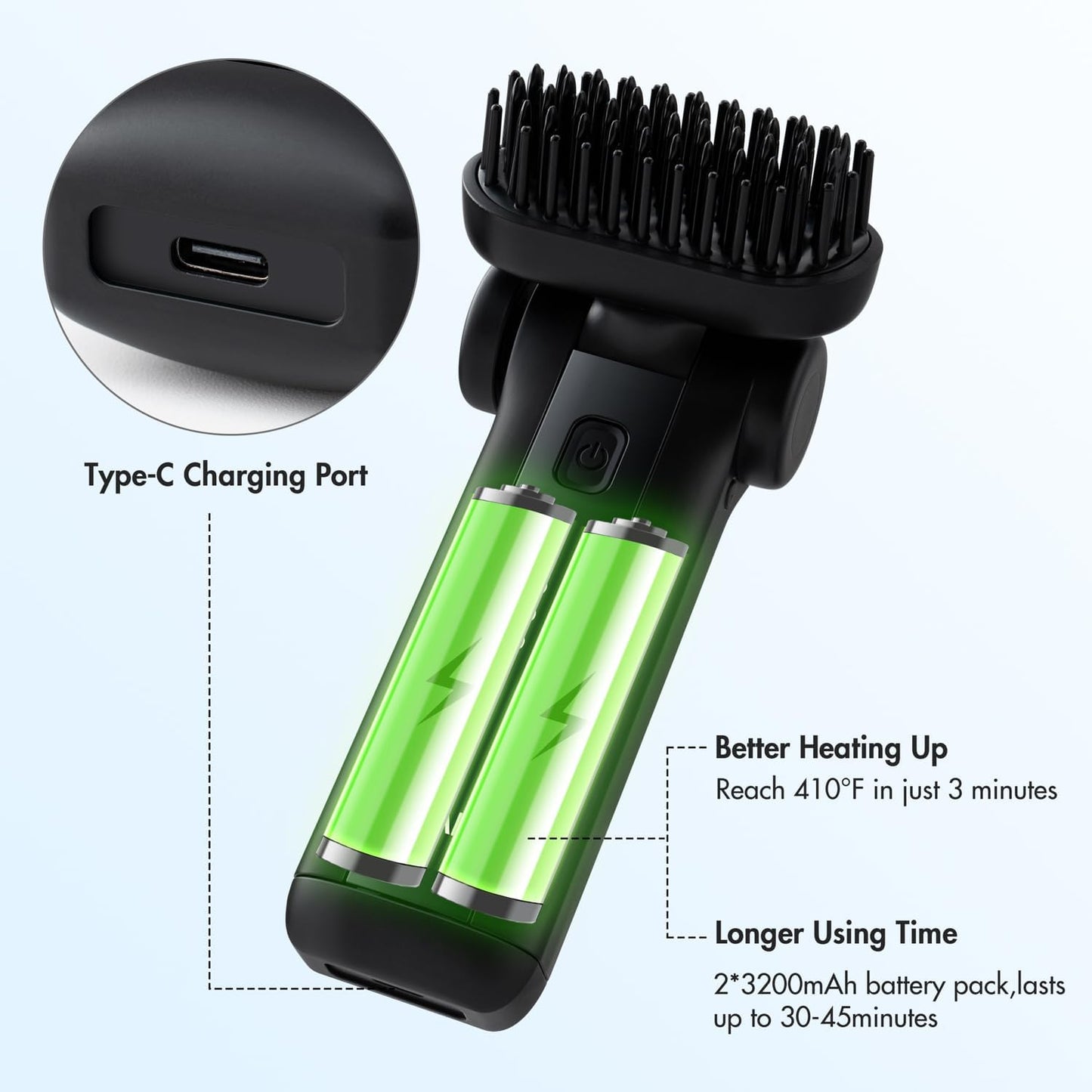 Portable Beard Straightener Brush Men Use,USB Rechargeable,6400mAh Battery,360° Anti-Scald Heated Comb,Fast Heating,Beard Straightener Brush for Short & Long Beards,Ideal for Home & Travel