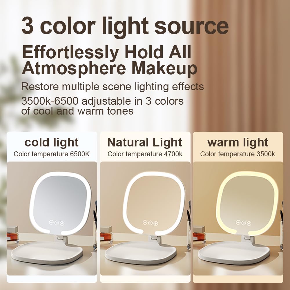 Rechargeable LED Travel Makeup Mirror, 3-Color Lighting, Dimmable Touch Screen, Multi Angle Adjustable, Foldable and Portable Desktop Vanity Mirror with Storage Tray(White)