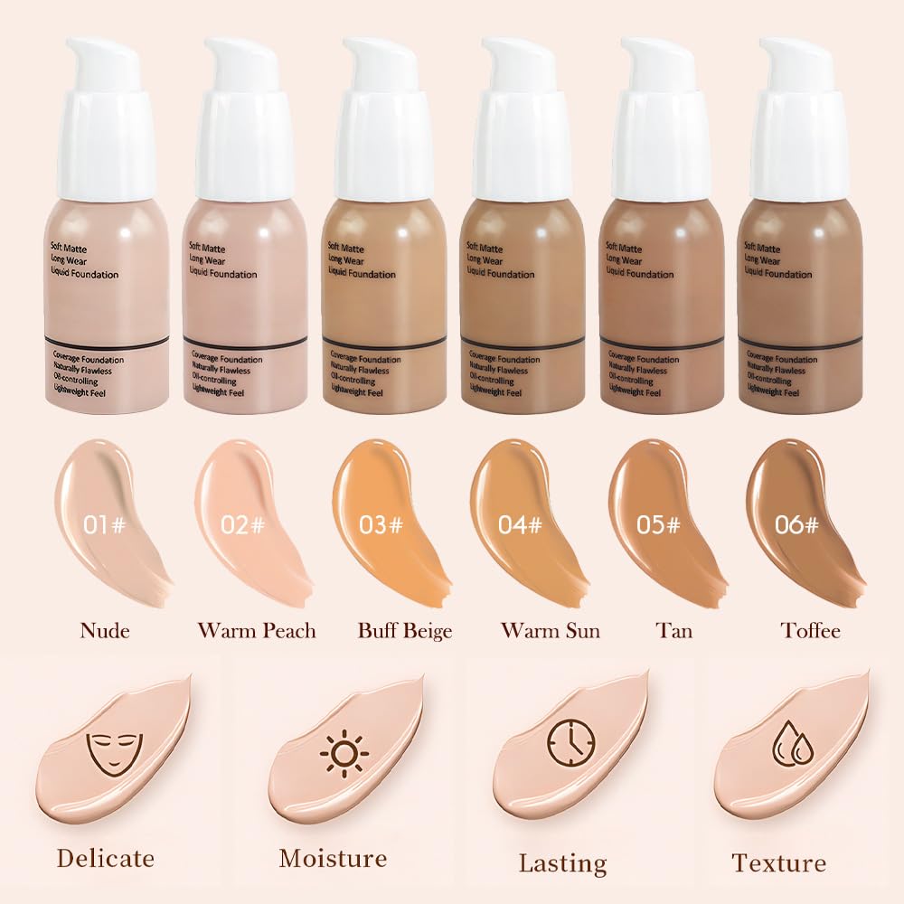 Matte Liquid Full Coverage Foundation, Flawless Soft Matte 24HR Oil Control Full Coverage Foundation Makeup for Women, Long-Lasting Waterproof Full Coverage, 01#Nude (01, Pack of 1)