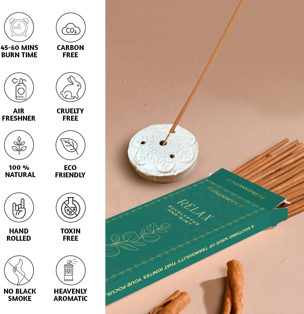 Folkulture Incense Sticks | Set of 100 Insence-Sticks with Holder for Relaxation | Eucalyptus & Mint Incense | Organic, Slow Burning & Non Toxic Inscents for Meditation |Rejuvenating Fragrance