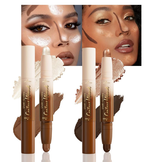 2Pcs 2in1 Cream Contour Highlighter Stick, Dual-Ended Highlighter Makeup Contour Stick, Contour Stick Dual Ended For Face Body Makeup, Long Lasting Waterproof for All Skin Tones (05+06)