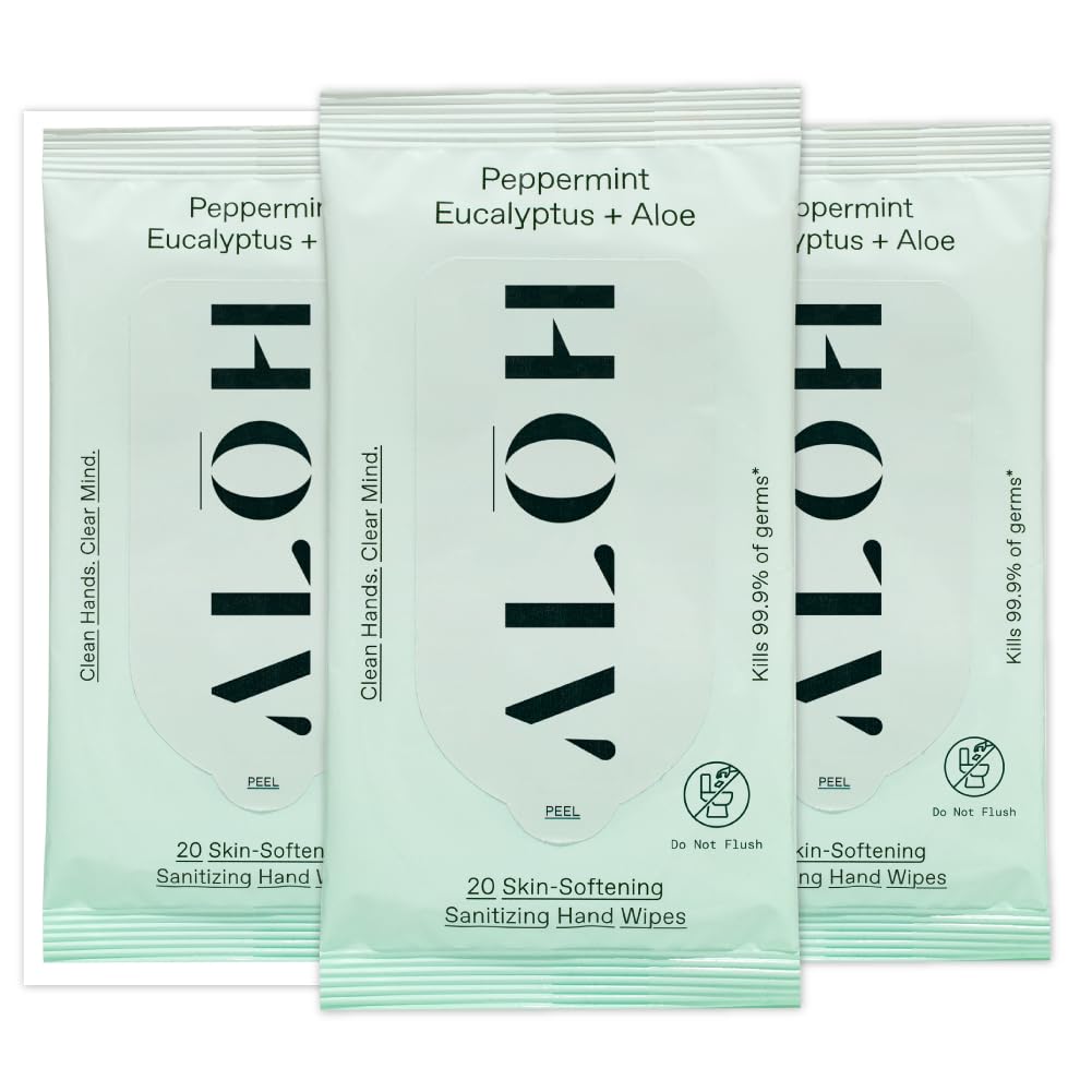 ALŌH Peppermint Eucalyptus + Aloe Sanitizing Hand Wipes - Clean Hands, Clear Mind On The Go Sanitizer for Kids and Adults - Travel Size 3 Pack 20ct Wipes (60 Wipes)