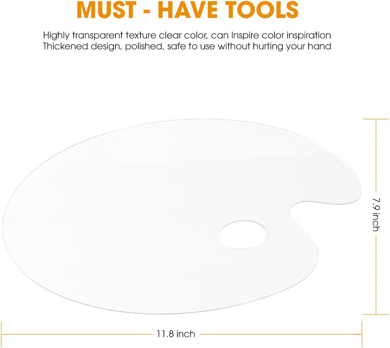 Acrylic Paint Palette 2pcs 11.8 x 7.9 inches with Thumb Hole by DUGATO, Clear Oval-Shaped Non-Stick Acrylic Oil Paint Mixing Tray- Comfortable to Hold & Easy to Clean - for DIY Art Painting Plate