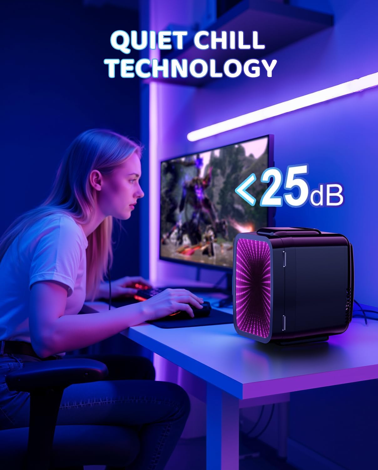 MF01C Mini Fridge, 7 Light Modes With Running Light Mode, 4 Liter/6 Cans, Quiet Cooling & Retention Function, AC/DC Power, Gaming Mini Fridge for Bedrooms, Office and Car