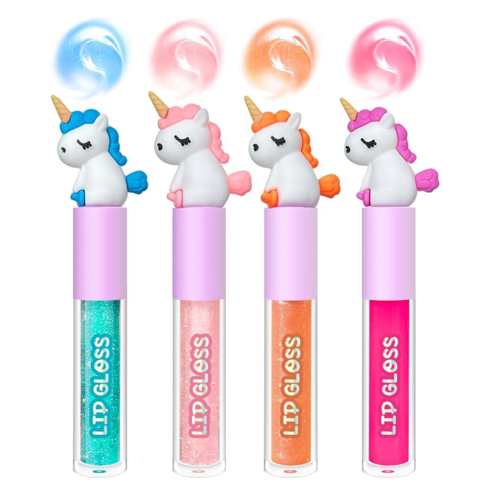 M&U MAKE YOU UP 4pc Unicorn Lip Gloss Stick for Girls- Party Favors Glossy Lip Set with Magic Topper, Girls Birthday Gift, Princess Theme Gift (4 Pack) - Non Toxic