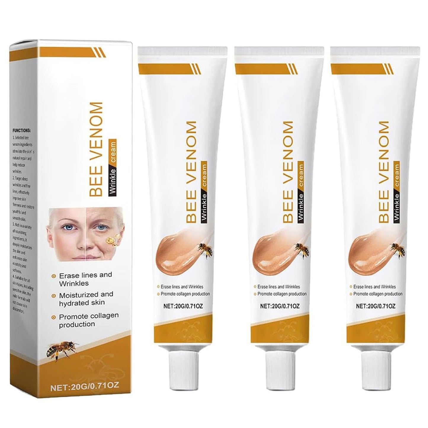Bee Venom Moisturiser Cream Wrinkle Removal & Firming, Anti-Aging Eye & Face Bee Venom Skin Treatment Cream (3 Packs, 0.71Oz)